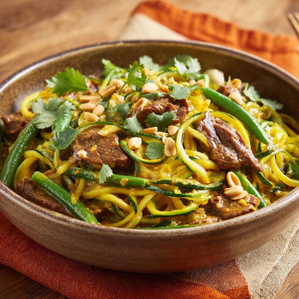 Rindfleisch-Zucchini-Pfanne mit Erdnüssen, garniert mit Koriander und Erdnüssen, im Detail aus der Nähe betrachtet.