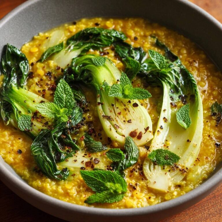 Cremiges Rote Linsen Dal mit Pak Choi, nahaufnahme mit Minze und Chili-Flocken garniert in einer Schüssel.