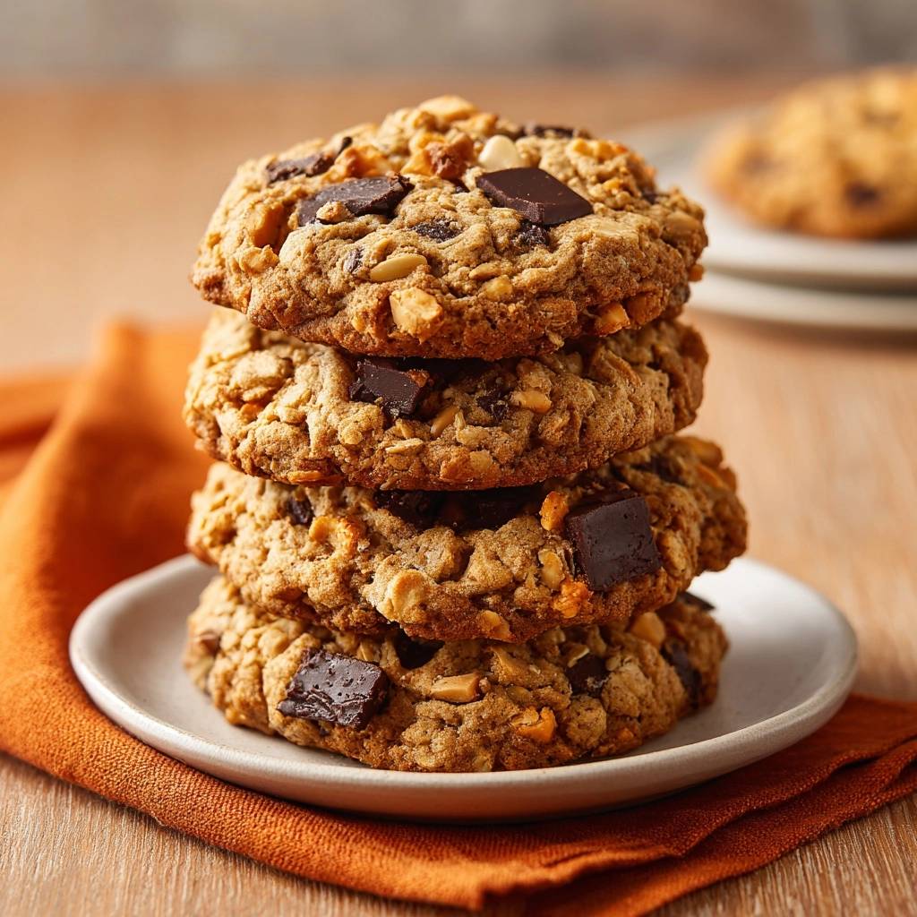 Rustikale Haferflocken-Cookies mit Schokostücken, gestapelt auf einem Teller, mit Nahaufnahme der Textur und Schokoladenstückchen.