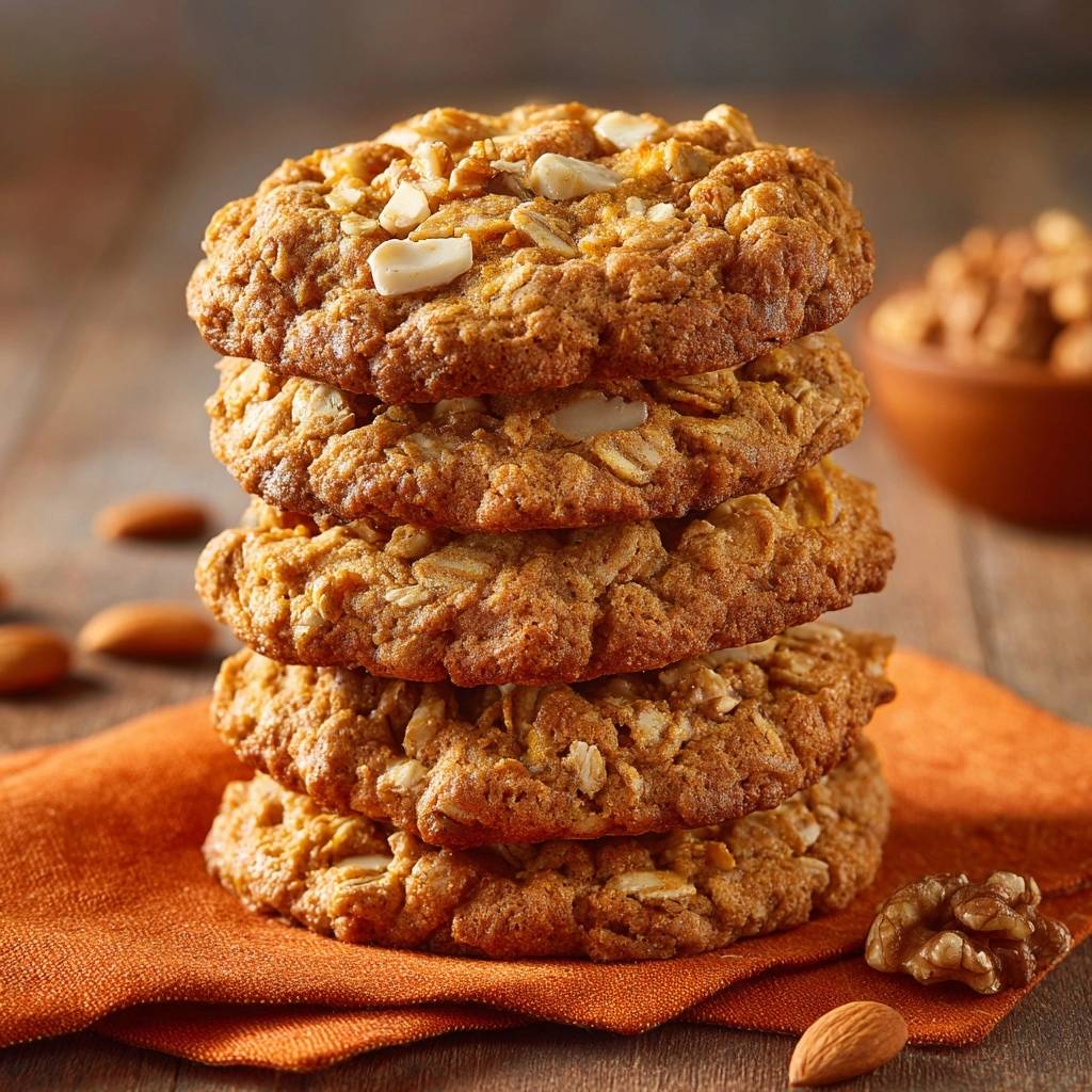 Rustikale Haferflocken-Walnuss-Cookies als Stapel nah aufgenommen mit Mandeln und Walnüssen auf einem orangefarbenen Tuch.
