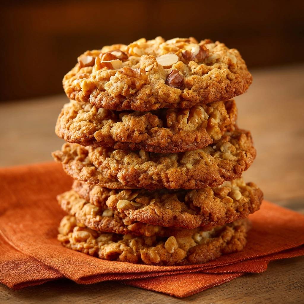 Rustikale Haferflocken-Walnuss-Cookies als Stapel auf einem orangen Tuch, nahaufnahme des Gebäckstapels