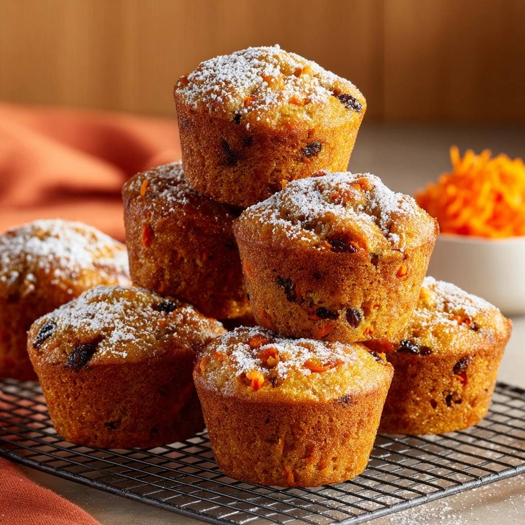 Saftige Karotten-Rosinen-Muffins, gestapelt und mit Puderzucker bestäubt, auf einem Gitterrost, mit geriebenen Karotten im Hintergrund.