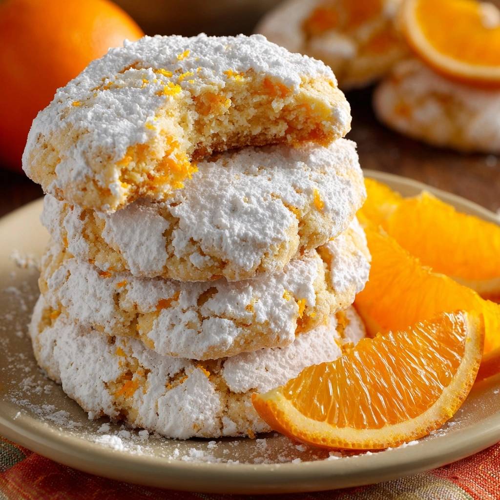 Saftige Orangen-Wölkchen sind als Stapel mit frischen Orangenspalten auf einem Teller angerichtet.