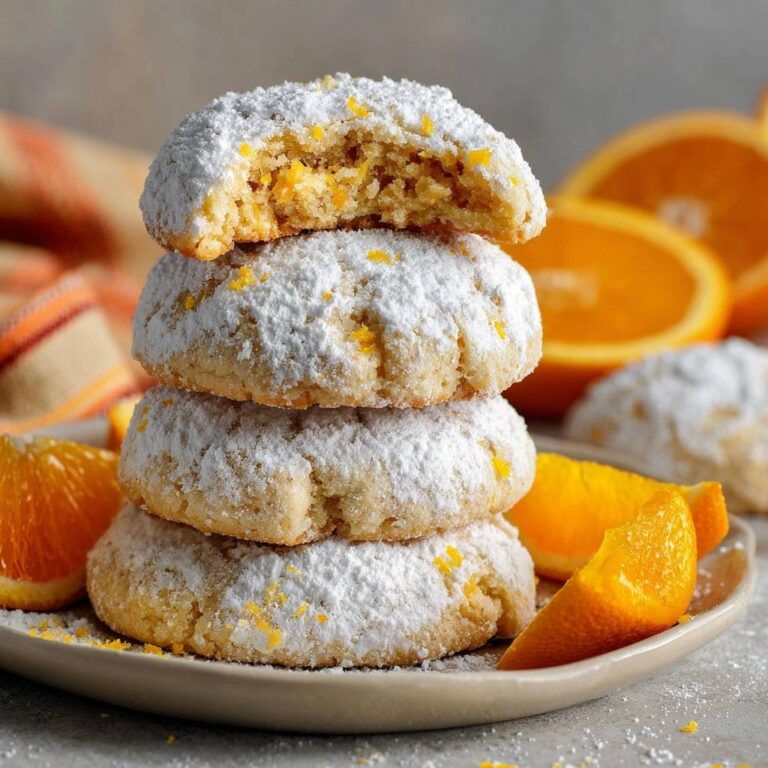 Saftige Orangen-Wölkchen mit Puderzucker und Orangenzesten, ein Keks ist angeschnitten und zeigt das Innere.