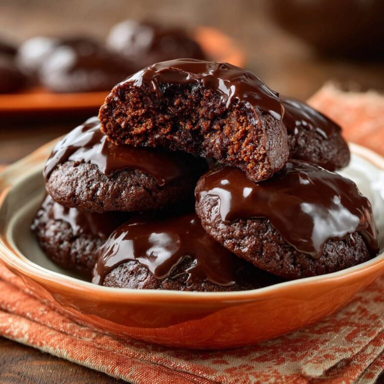 Saftige Schokoladen-Cookies mit Glanz-Glasur, angeschnitten, zeigen den weichen Teig und die glänzende Glasur.