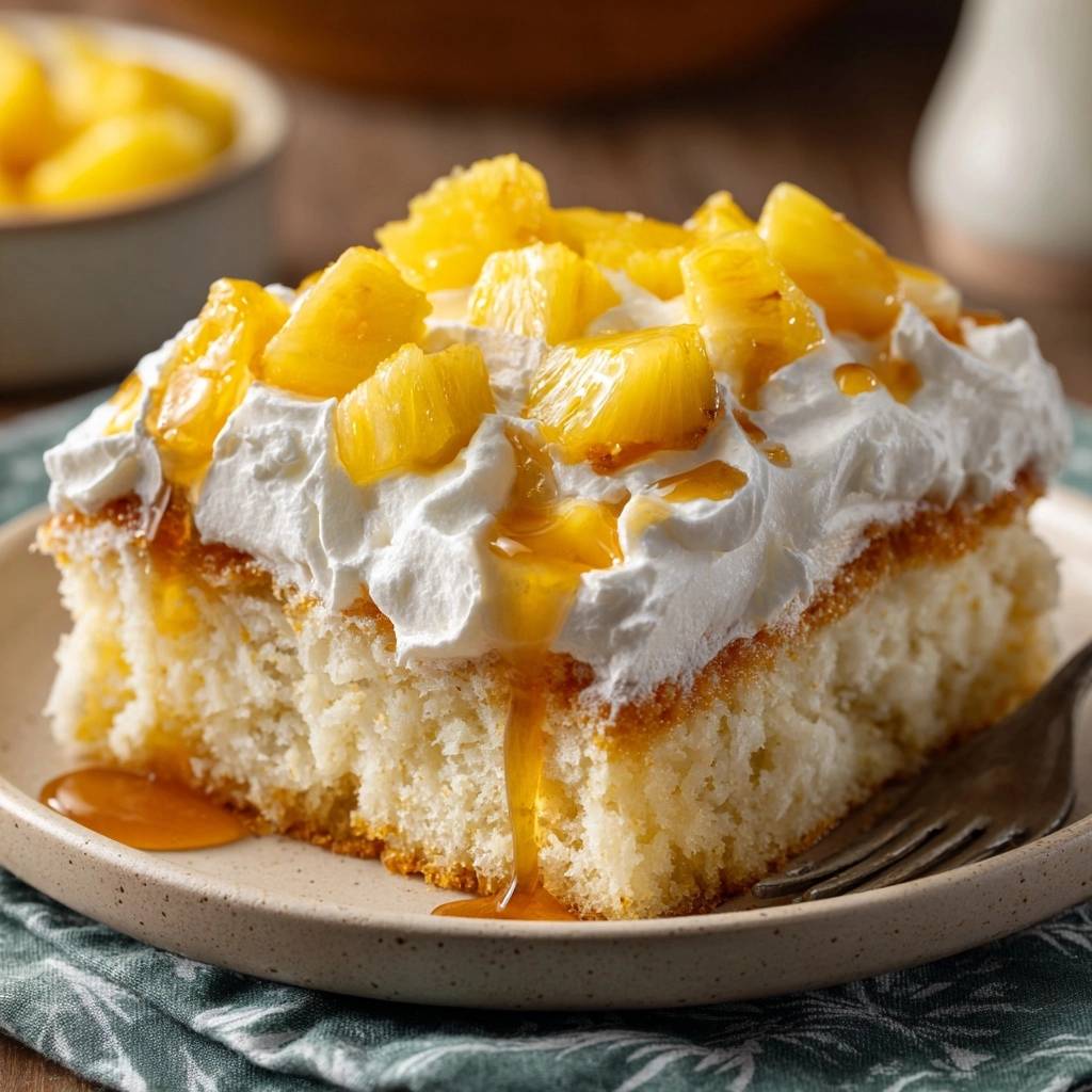 Saftiger Ananas-Sahne-Kuchen als Anschnitt auf einem Teller mit Sahne und Ananasstückchen garniert
