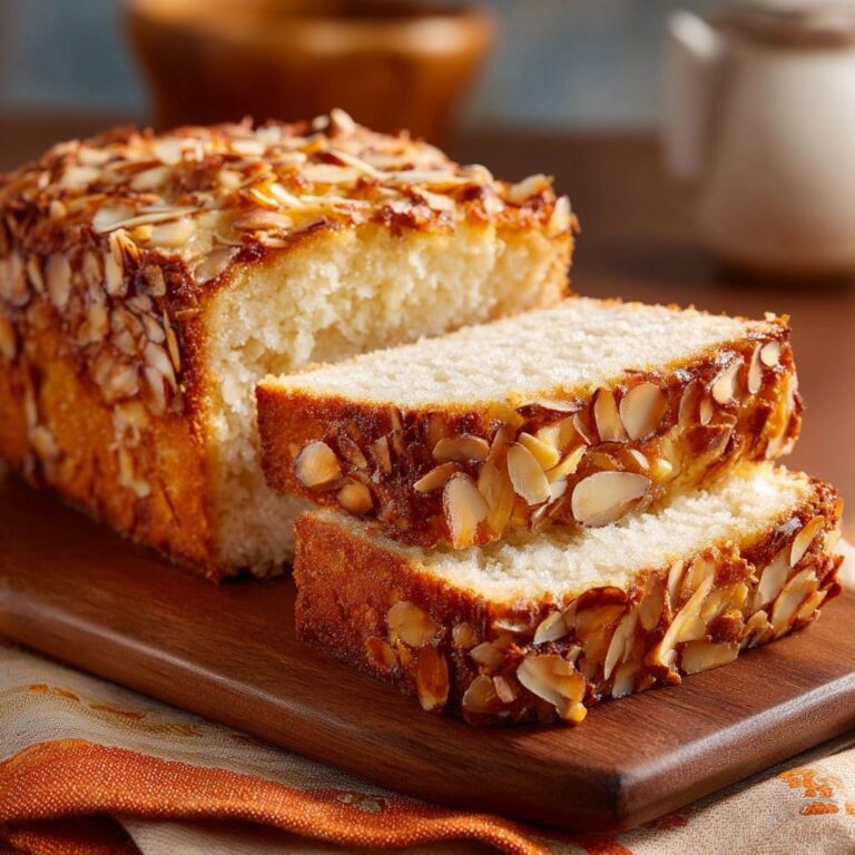 Saftiger Mandel-Zitronenkuchen angeschnitten mit gerösteten Mandelsplittern auf einem Holzbrett