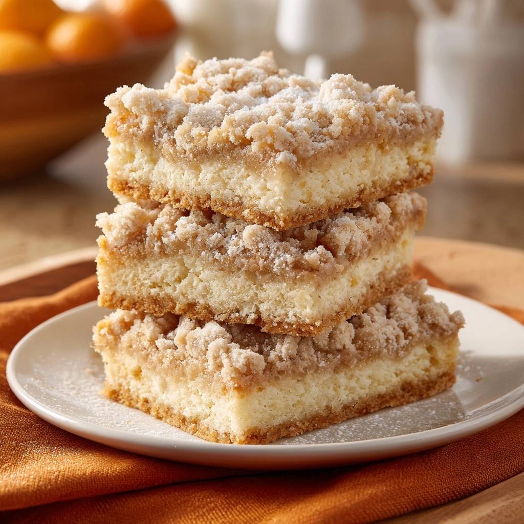 Saftiger Quark-Streuselkuchen, drei gestapelte Stücke auf einem Teller mit süßer Streuselkruste und cremigem Käsekucheninneren.