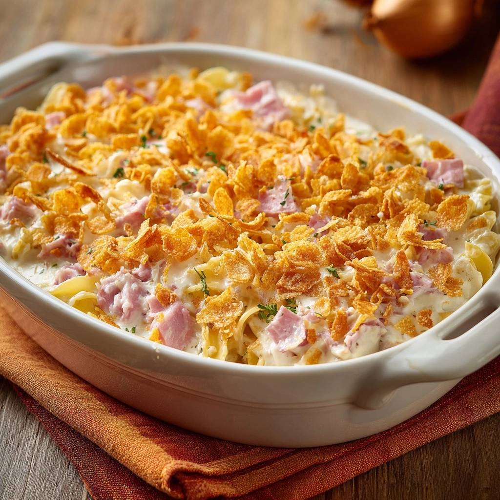 Cremiger Schinken-Nudel-Auflauf mit knusprigem Topping aus Cornflakes-Streuseln in einer Auflaufform, Nahaufnahme.