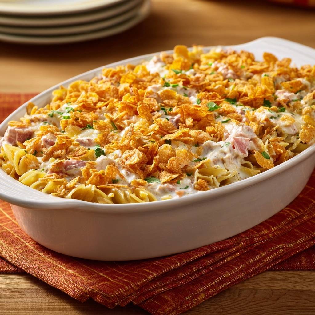 Cremiger Schinken-Nudel-Auflauf mit einem knusprigen Topping aus Cornflakes, frisch aus dem Ofen.