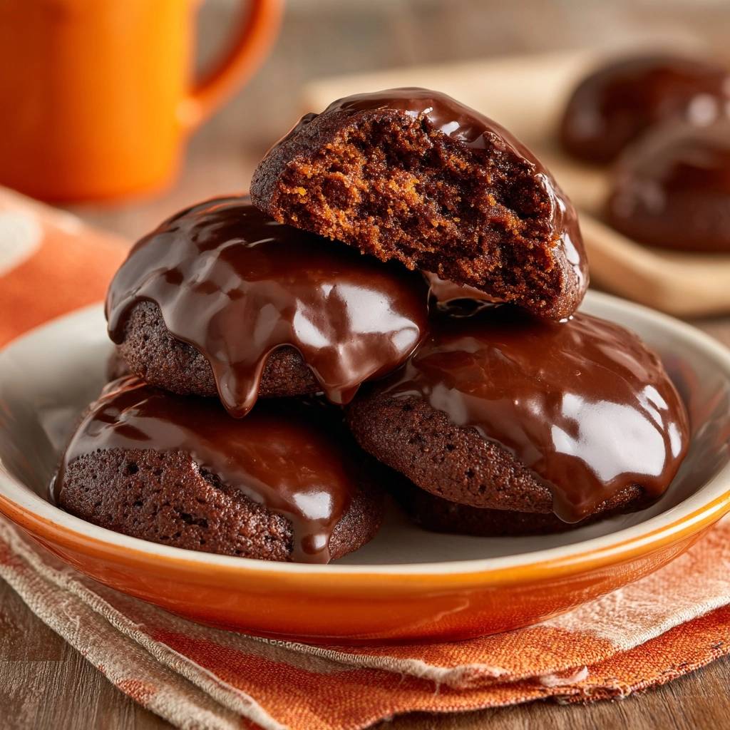Saftige Schokoladen-Cookies mit Glanz-Glasur, davon ein Keks angeschnitten, um das Innere zu zeigen.