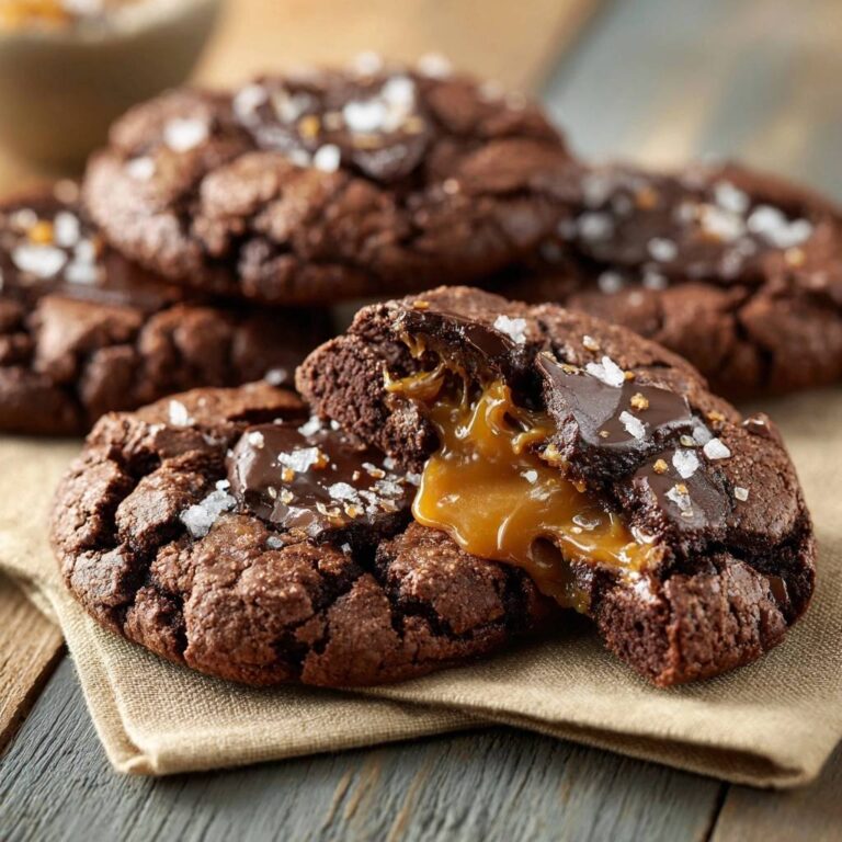 Schokoladen-Karamell-Cookies mit flüssigem Kern, angeschnitten, zeigen den geschmolzenen Karamellkern und Schokoladenstücke.