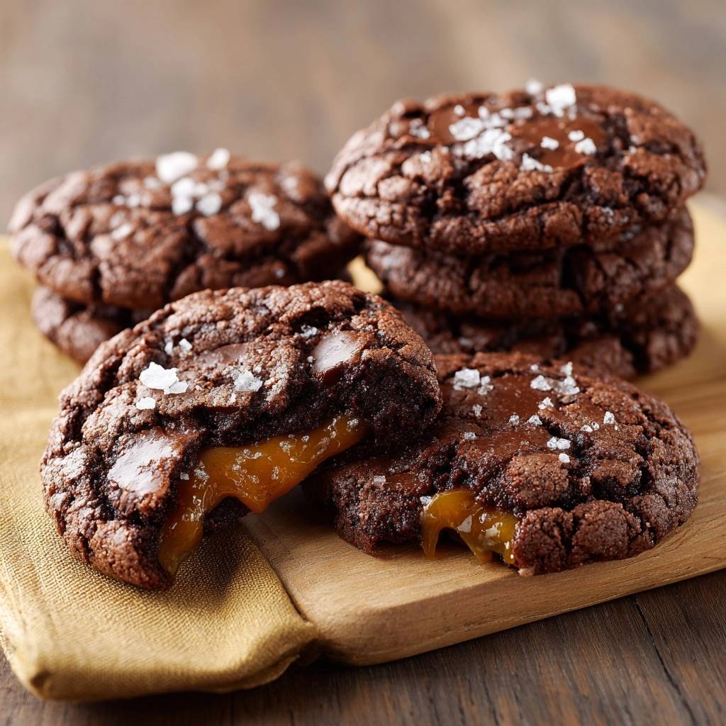 Schokoladen-Karamell-Cookies mit flüssigem Kern, angeschnitten, um den geschmolzenen Karamell zu enthüllen.