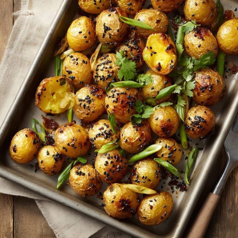 Knusprige Sesam-Röstkartoffeln mit schwarzem Sesam und frischem Koriander auf einem Backblech garniert