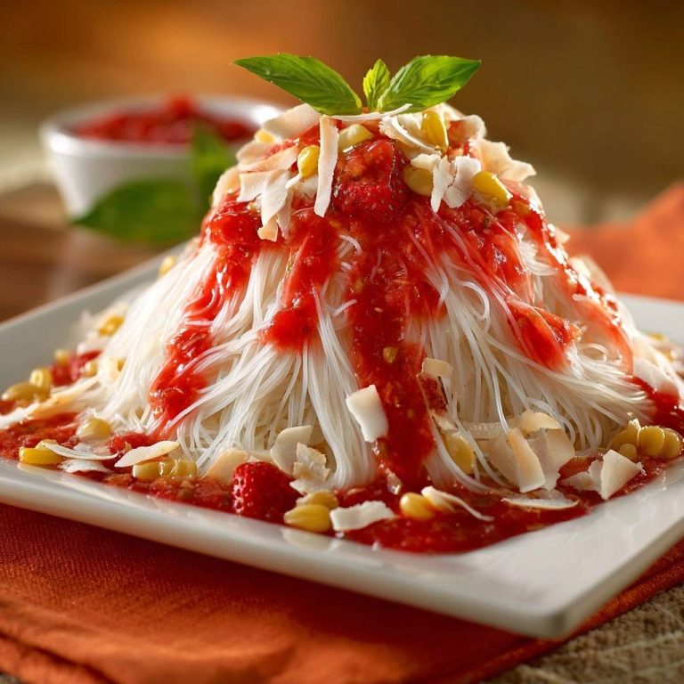 Spaghetti-Eis mit Erdbeersauce, garniert mit Kokosraspeln, Mais und frischem Basilikum auf einem weißen Teller.