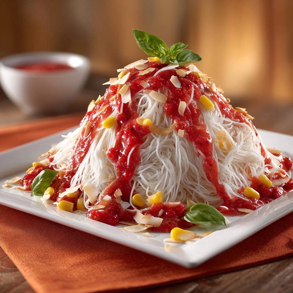 Spaghetti-Eis mit Erdbeersauce, kunstvoll garniert mit Kokosflocken, Mais und frischem Basilikum auf einem weißen Teller.