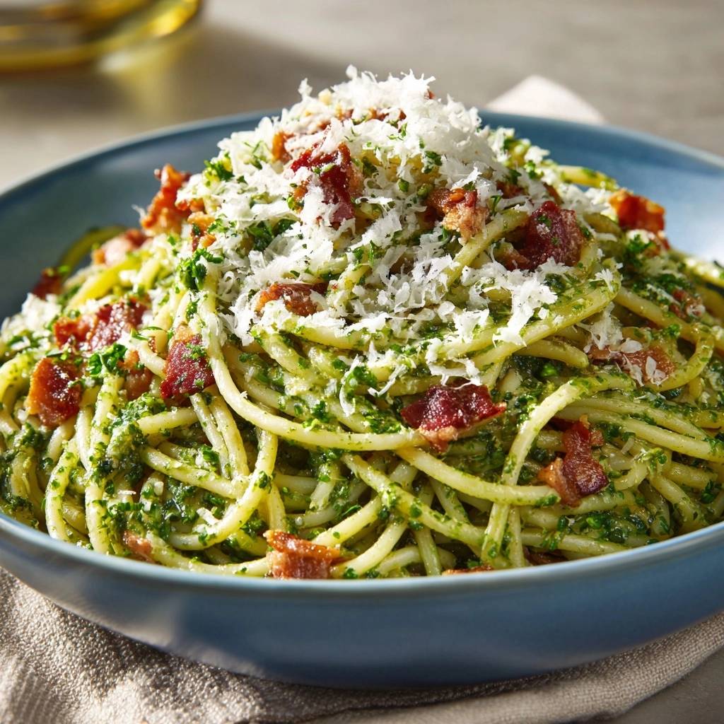 Spaghetti mit Petersilien-Pesto und krossem Bacon, garniert mit frisch gehobeltem Parmesan.