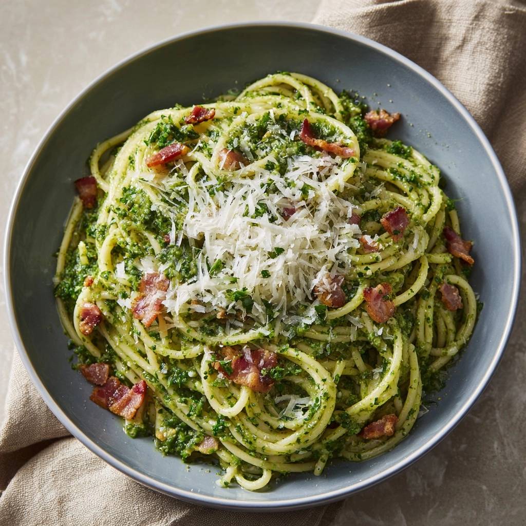 Spaghetti mit Petersilien-Pesto und krossem Bacon, detaillierte Ansicht mit geriebenem Parmesan und Speckstückchen.