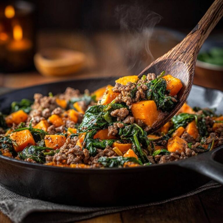 Herzhafte Süßkartoffel-Hackfleisch-Pfanne mit einem Holzlöffel, der dampfende Portion hervorhebt.