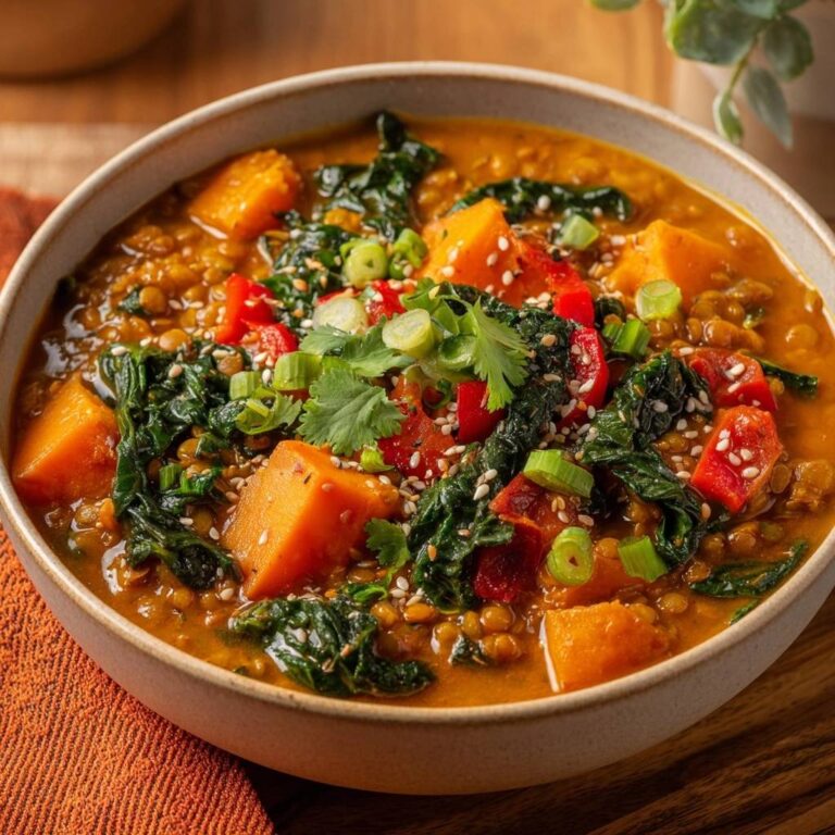 Cremiges Süßkartoffel-Linsen-Curry, garniert mit Koriander und Frühlingszwiebeln, in einer Schüssel serviert.