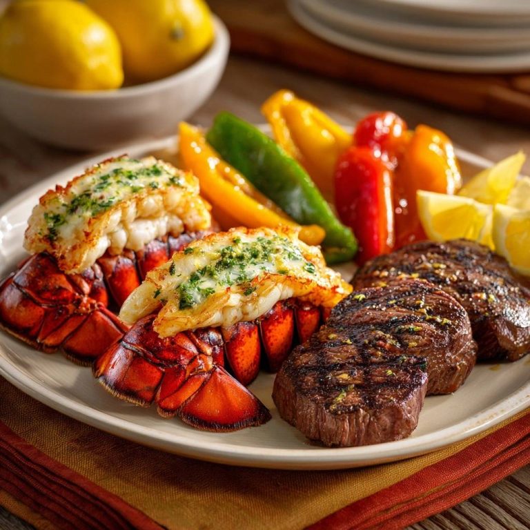 Klassisches Surf und Turf mit Rinderfilet und Hummer, serviert mit gegrilltem Gemüse und Zitronenspalten auf einem Teller.