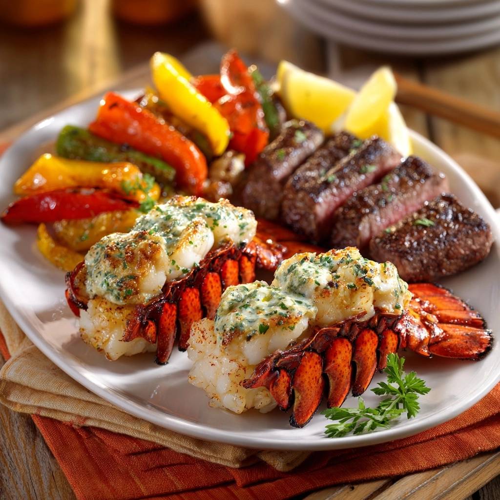 Klassisches Surf und Turf mit Rinderfilet und Hummer, nahaufnahme der Hummer-Schwänze mit Kräuterbutter und gegrilltem Steak.