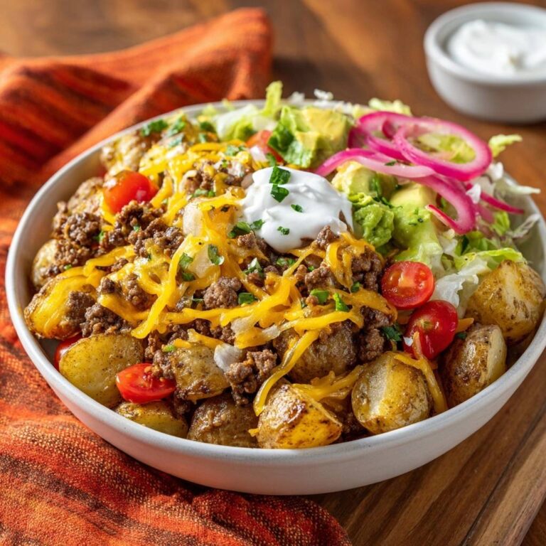 Herzhafte Taco-Kartoffel-Bowl mit Hackfleisch, Käse und frischem Gemüse in Nahaufnahme serviert.