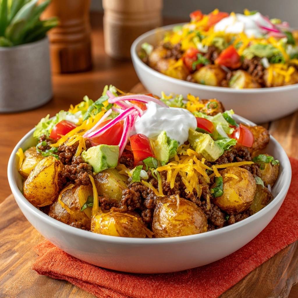 Herzhafte Taco-Kartoffel-Bowl mit Hackfleisch, Avocado und Sauerrahm als Nahaufnahme serviert.