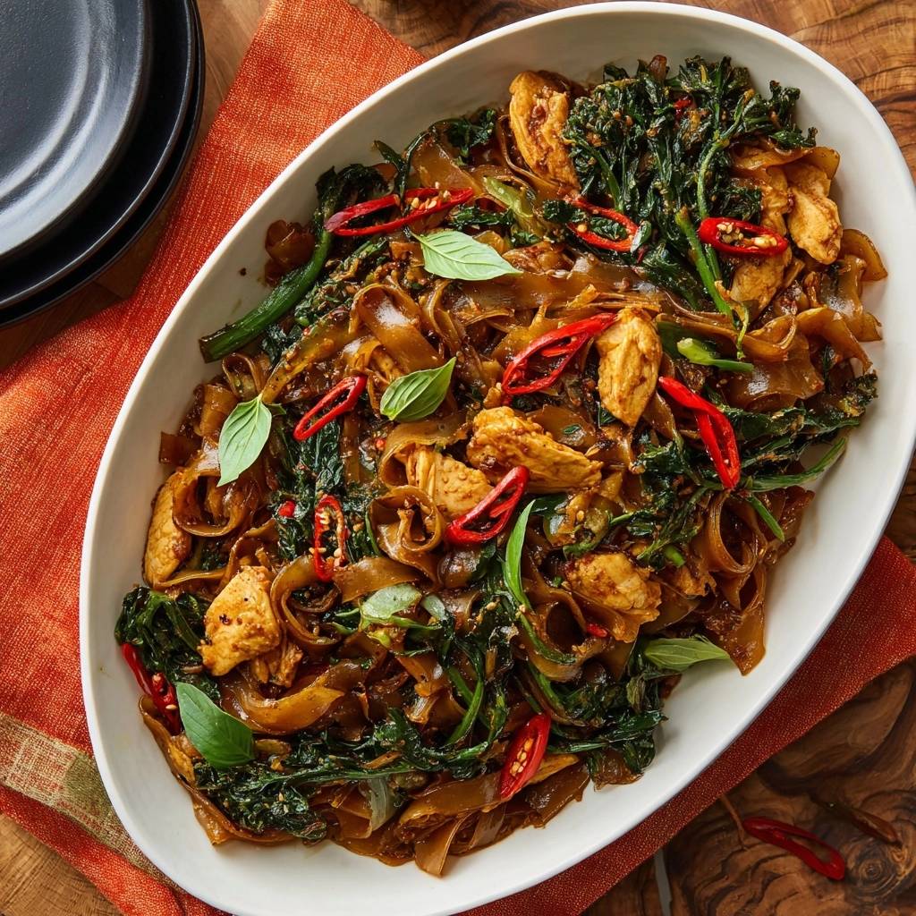 Thai-Nudelpfanne mit Hähnchen und Brokkoli, garniert mit frischem Basilikum und Chilischeiben, serviert in einer weißen Schüssel.