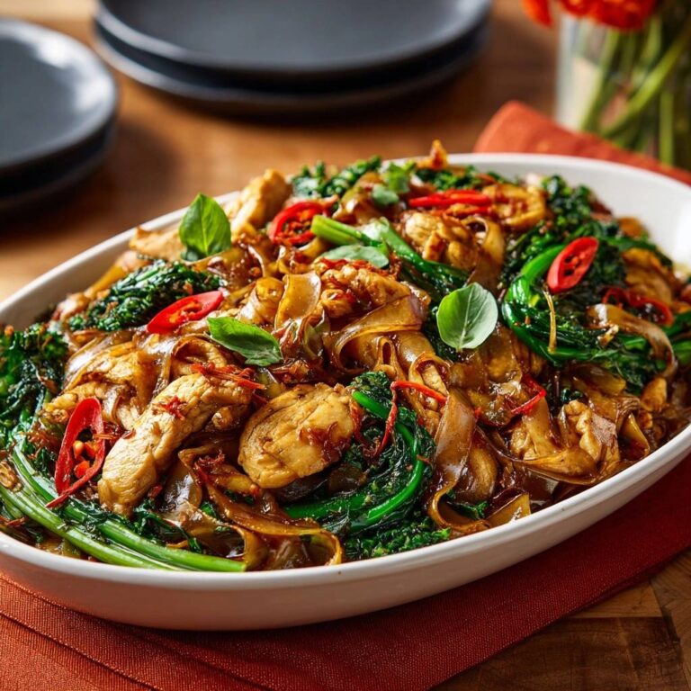 Thai-Nudelpfanne mit Hähnchen und Brokkoli als Nahaufnahme mit frischen Kräutern und Chilischeiben garniert