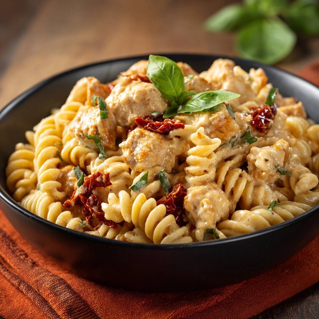 Cremige Toskana-Hähnchen-Pasta mit Fusilli, serviert in einer schwarzen Schüssel mit Basilikum und getrockneten Tomaten.