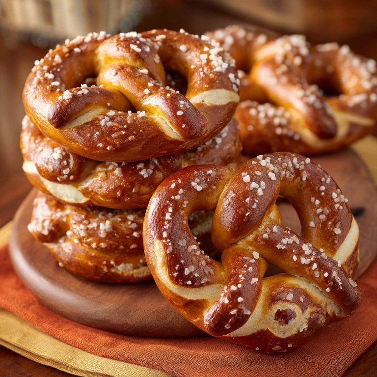 Traditionelle bayerische Laugenbrezeln wie vom Bäcker, gestapelt und nah aufgenommen mit grobem Salz bestreut.