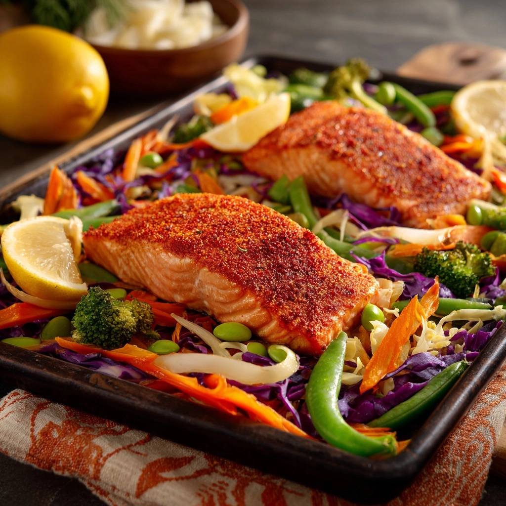 Würziger Ofenlachs mit Regenbogen-Gemüse, nahaufnahme der saftigen Fischfilets auf buntem Ofengemüse mit Zitronenspalten.