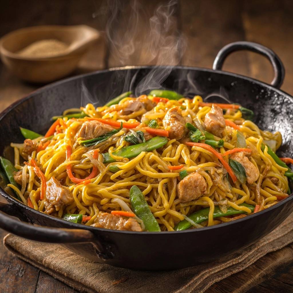 Wok-Nudeln mit Hähnchen und Gemüse, heiß und dampfend in einer schwarzen Pfanne serviert, mit sichtbarem Dampf.