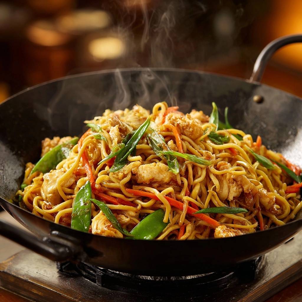 Wok-Nudeln mit Hähnchen und Gemüse, dampfend und frisch zubereitet in einem schwarzen Wok.