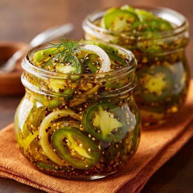 Würzige eingelegte Jalapeños in Gläsern, Nahaufnahme mit Zwiebelringen und Dill, bereit für maximalen Biss.