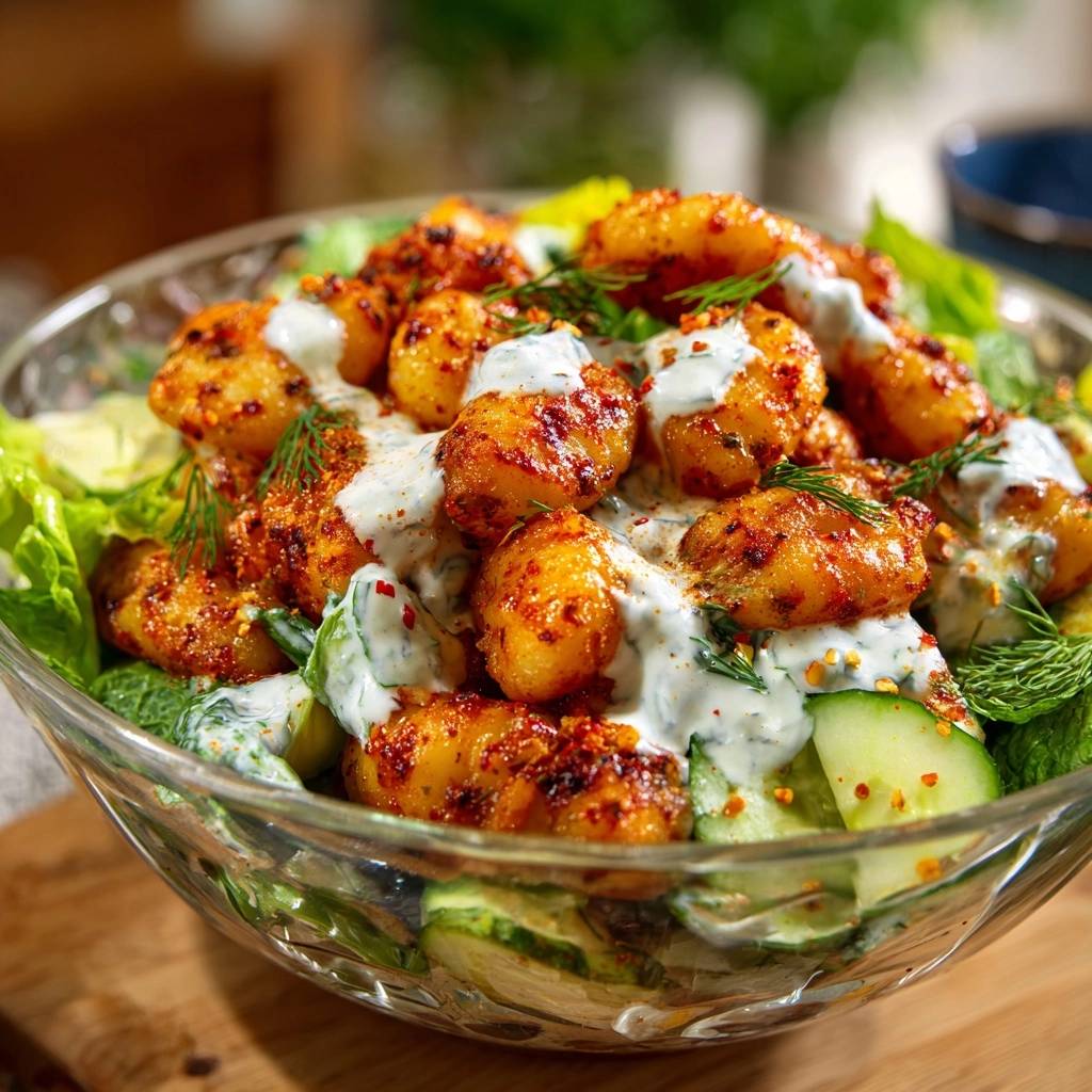 Würzige Gnocchi-Pfanne auf frischem Salat mit cremiger Sauce und Dill garniert, Nahaufnahme.