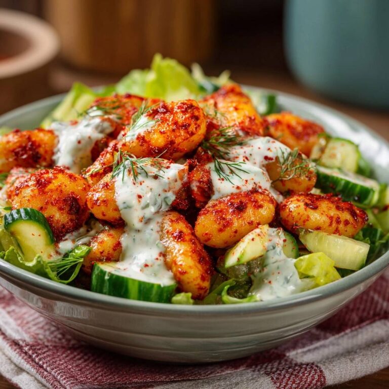 Würzige Gnocchi-Pfanne auf frischem Salat, nahaufnahme mit Joghurt-Dressing und Dill garniert