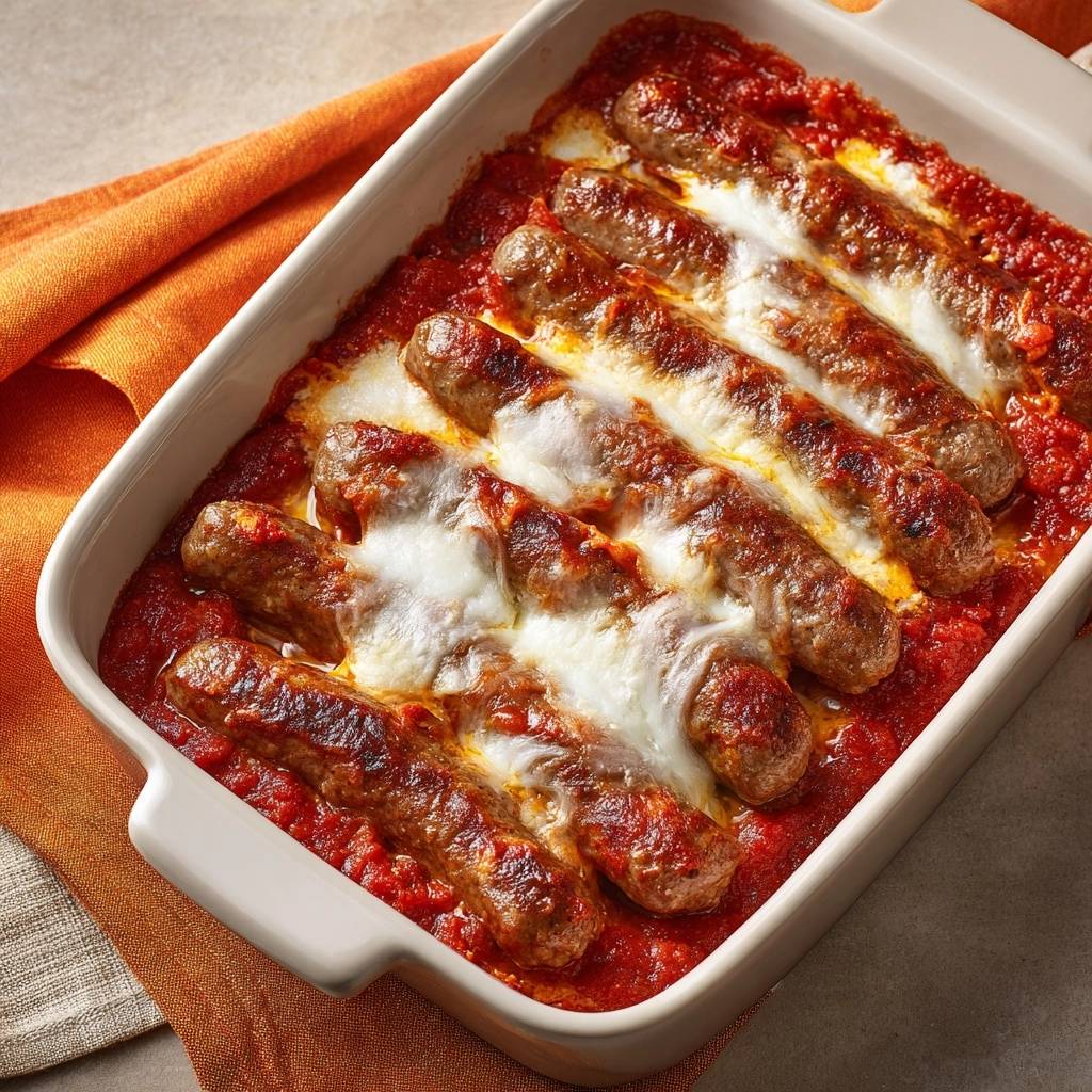 Deftiger Wurst-Auflauf in Tomatensoße mit geschmolzenem Käse, nahaufnahme der würzigen Würstchen in der Auflaufform.