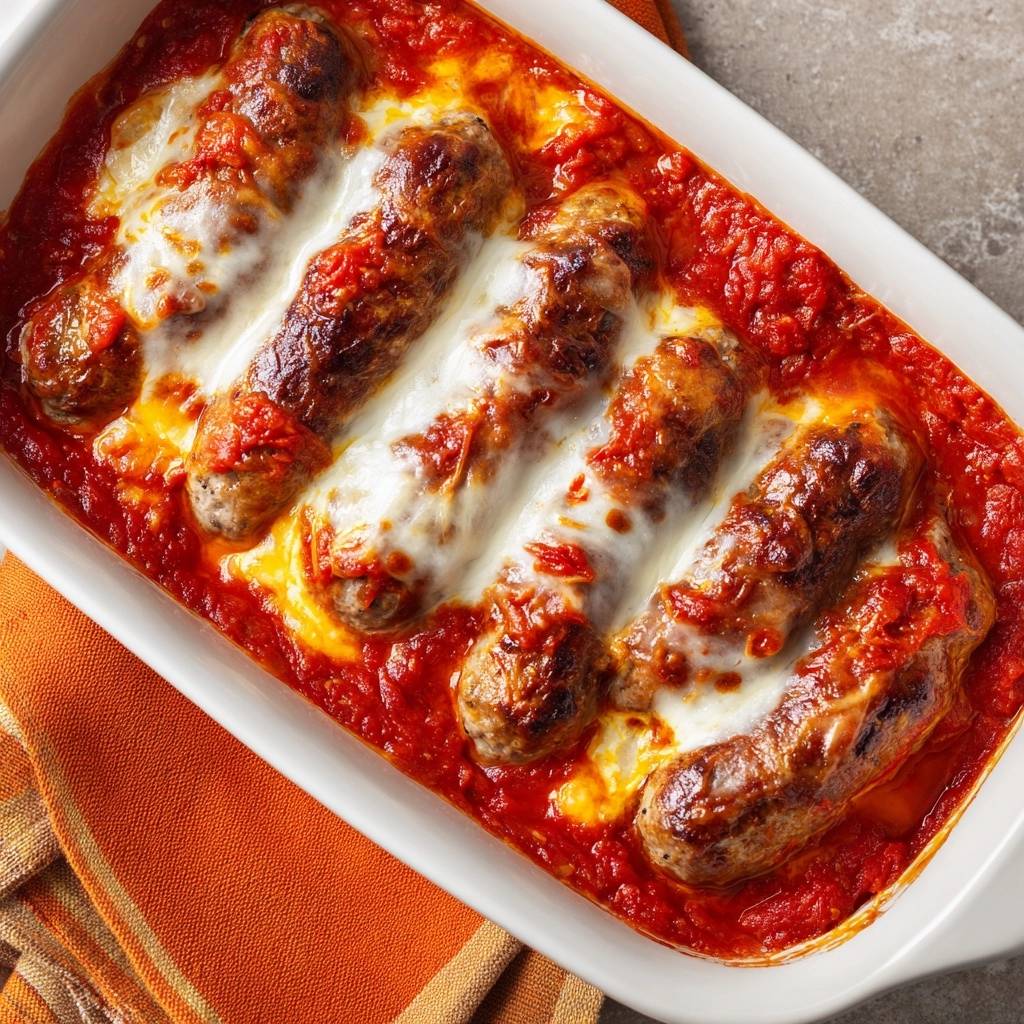 Deftiger Wurst-Auflauf in Tomatensoße, von oben in einer Auflaufform mit geschmolzenem Käse und Sauce gezeigt.