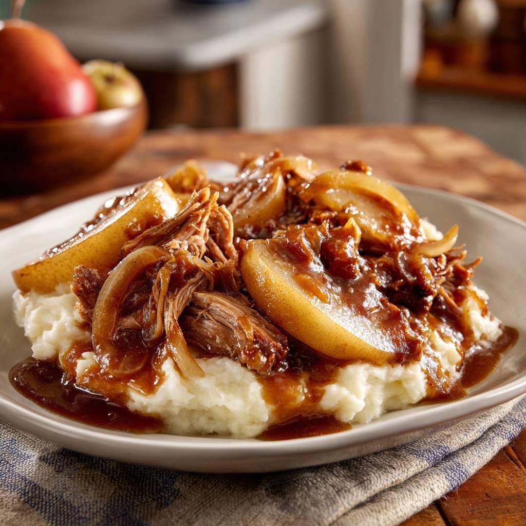 Zarter Rinderschmorbraten mit Birnen und Kartoffelstampf, serviert auf einem Teller mit reichlich Sauce.