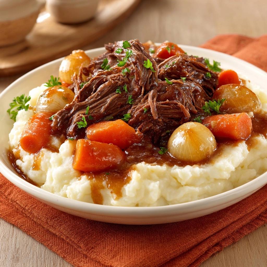Zarter Rinderschmortopf auf Kartoffelstampf, nahaufnahme mit zarten Karotten und Perlzwiebeln, übergossen mit Bratensauce.