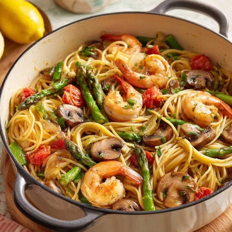 Zitronen-Knoblauch-Garnelen-Pasta mit Garnelen, Spargel und Pilzen in einer Pfanne serviert, Nahaufnahme