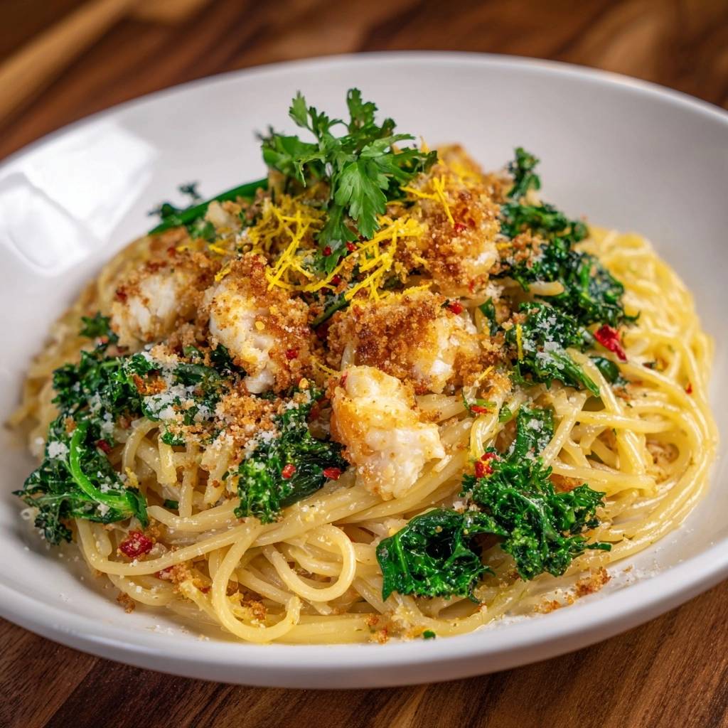 Zitronen-Knoblauch-Pasta mit knusprigem Fisch, serviert in einer weißen Schüssel und garniert mit frischer Petersilie und Zitronenzesten.