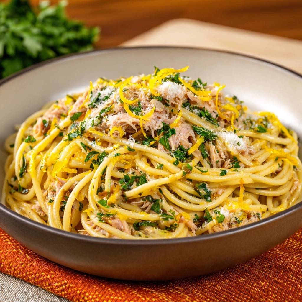 Zitronen-Pasta mit Thunfisch, detaillierte Nahaufnahme der Nudeln mit Thunfischflocken, Petersilie und Zitronenzesten garniert.