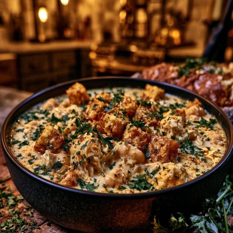 Cremiger Hähnchen-Eintopf mit Knoblauch-Croutons