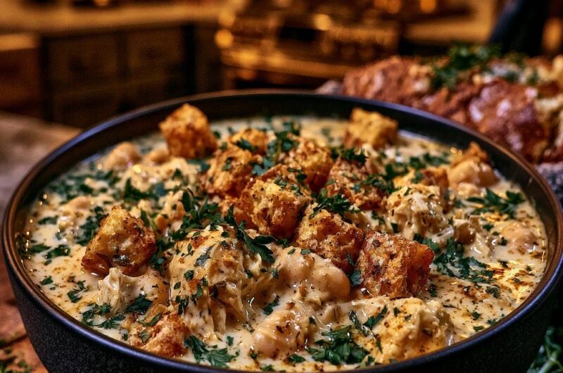 Cremiger Hähnchen-Eintopf mit Knoblauch-Croutons