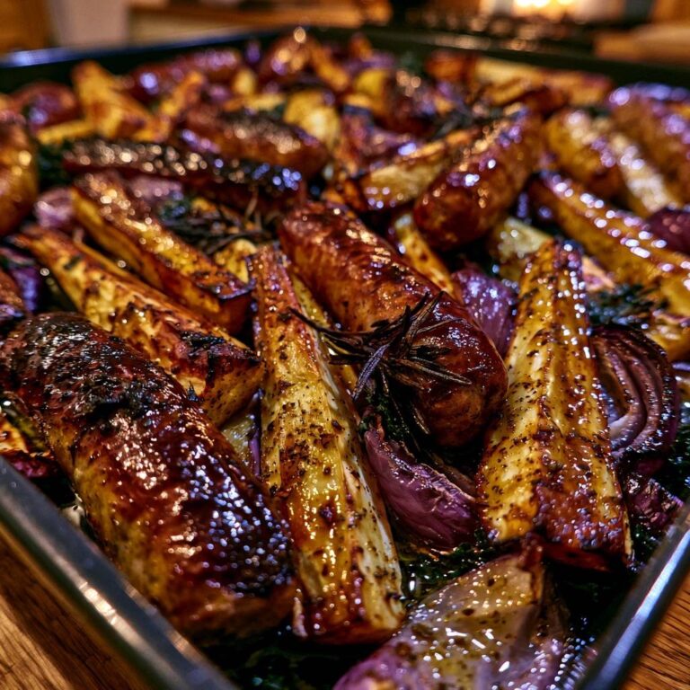 Glasierte Ofen-Würstchen mit Wurzelgemüse: Blech-Rezept