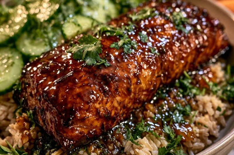 Glasierter Teriyaki-Lachs auf Reis